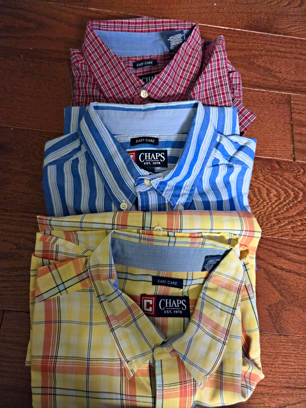 Chaps Mens Dress Shirts Lot of 3 L 32/33 Plaid Stripe Easy Care YellowShortSleev